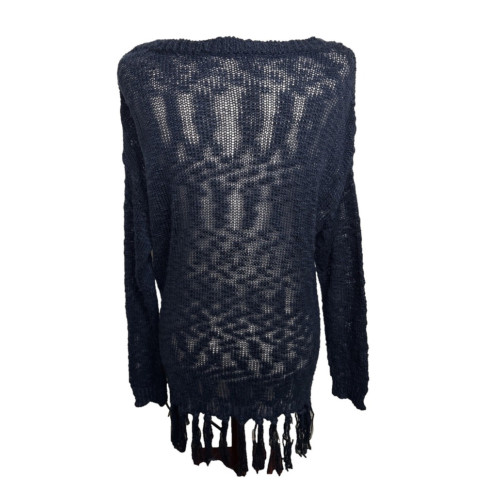 Open Knit Slub Fringe Sweater Womens Medium Navy Blue Boho Western - Picture 2 of 7
